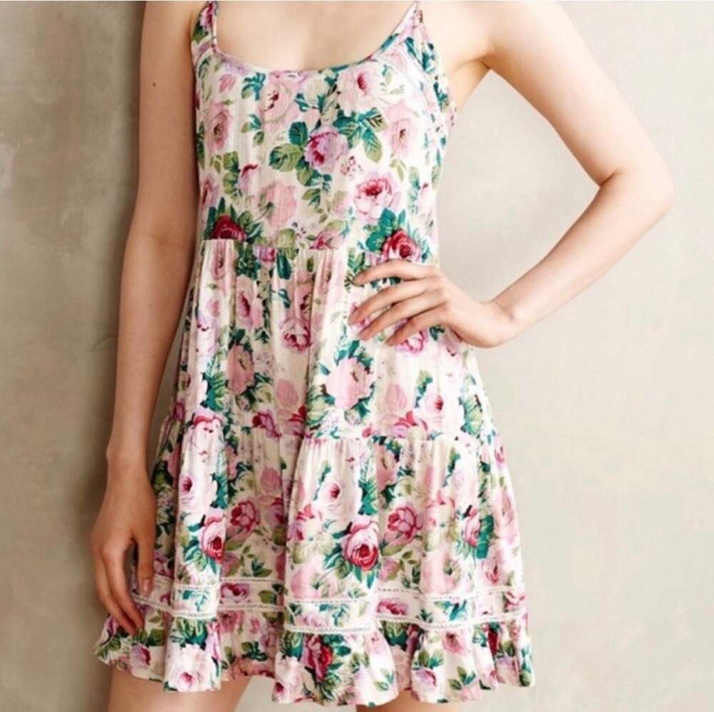 Anthropologie Eloise Lila Dress Tea Roses Tiered Sundress Size Small